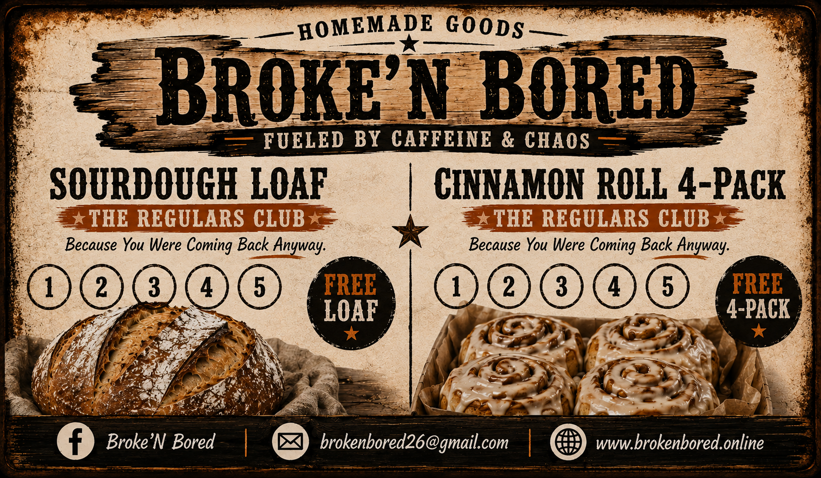 The Regulars Club punch card front: buy 5 sourdough loaves get the 6th free, buy 5 cinnamon roll 4-packs get the 6th free