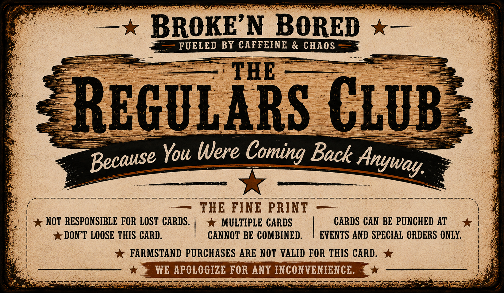 The Regulars Club punch card back: fine print, punch rules and where punches count