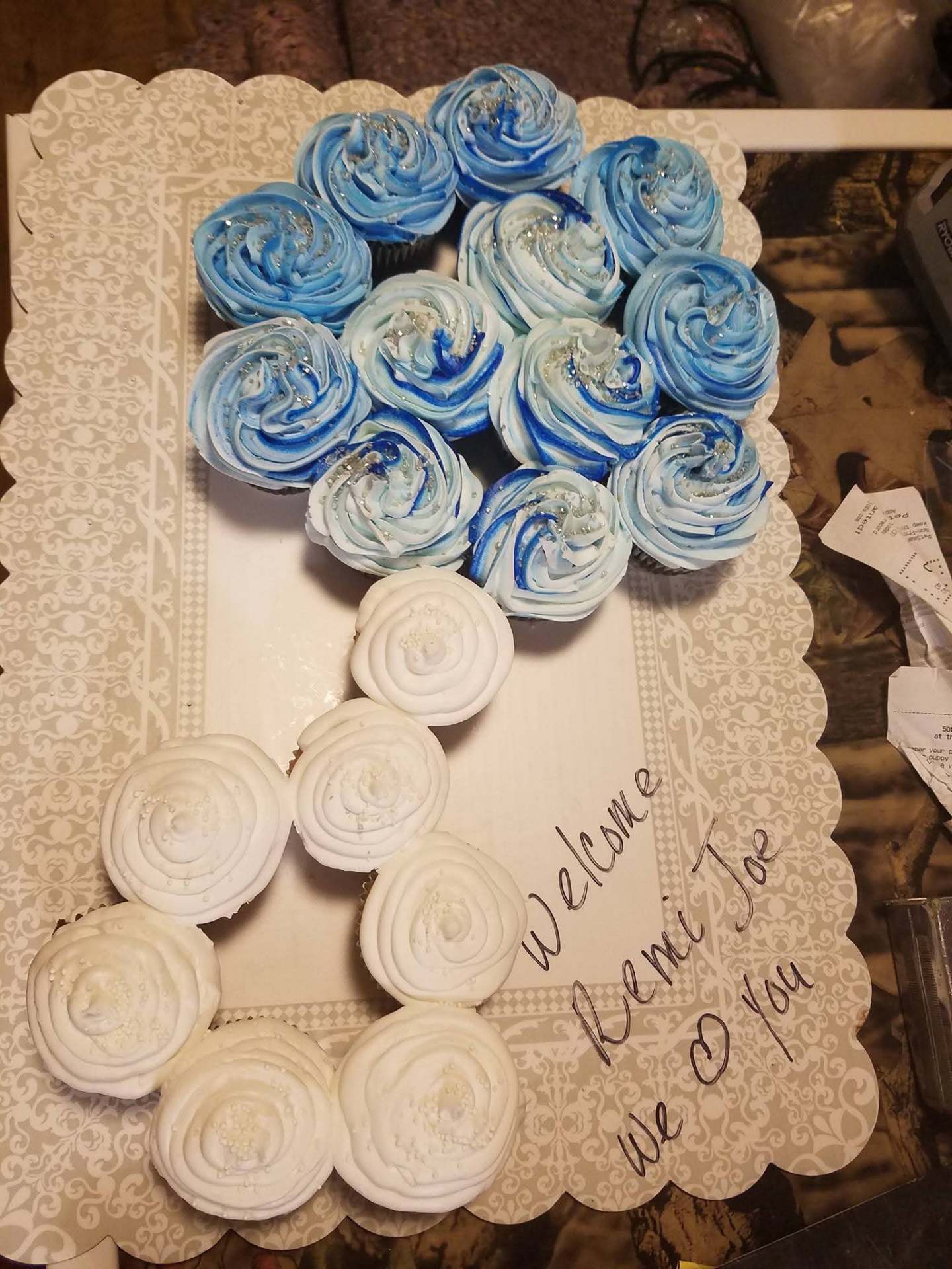 Custom Welcome Remi Joe baby cupcake cake