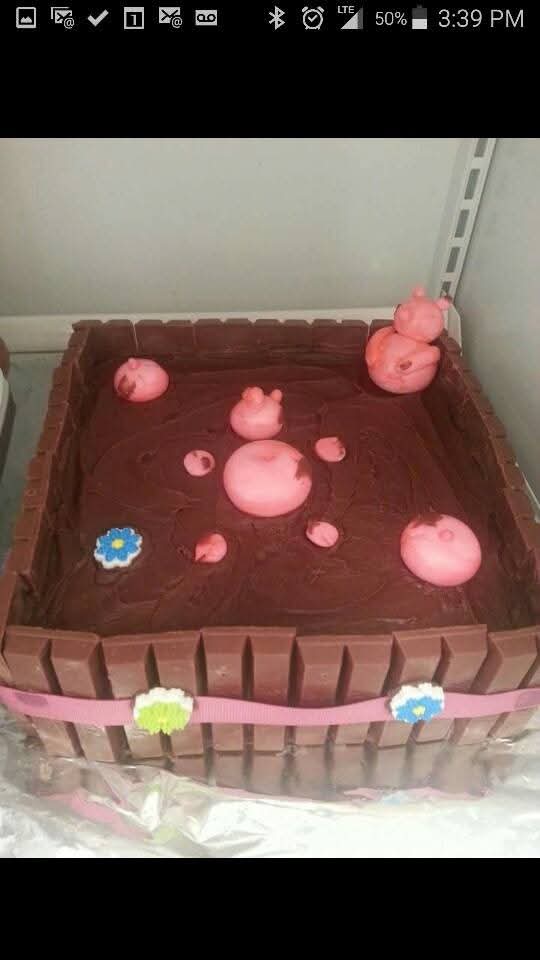 Custom Peppa Pig mud bath cake with Kit Kat fence